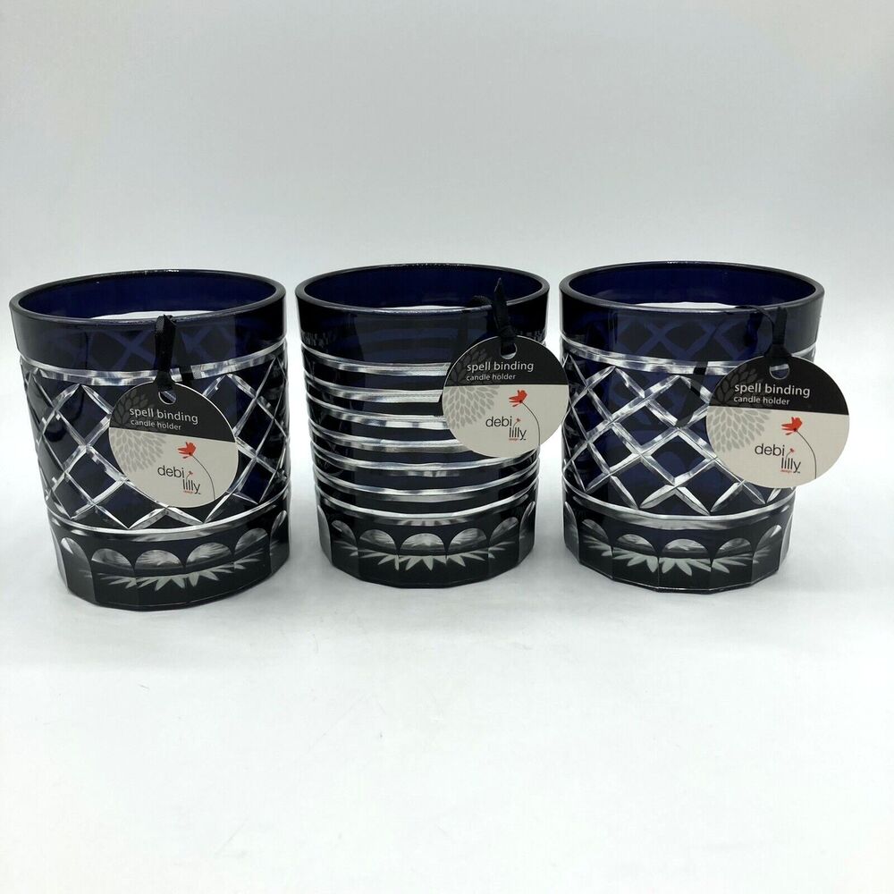 3 Set Debi Lilly Spell Binding Glass Candle Holder Black Stripe Diamond Pattern